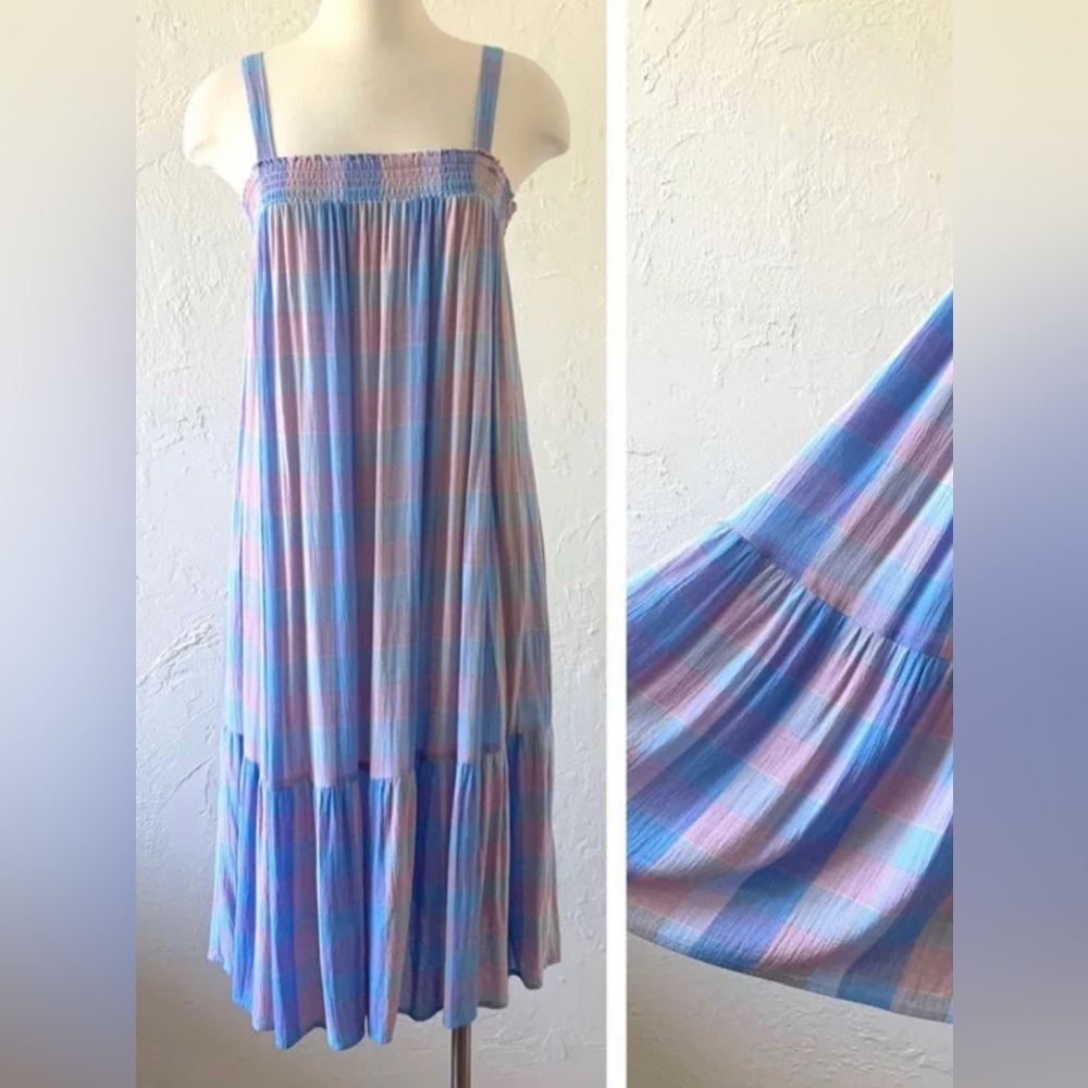 NWT LOFT plaid smocked pockets mid Blue and Pink Striped Maxi Dress M